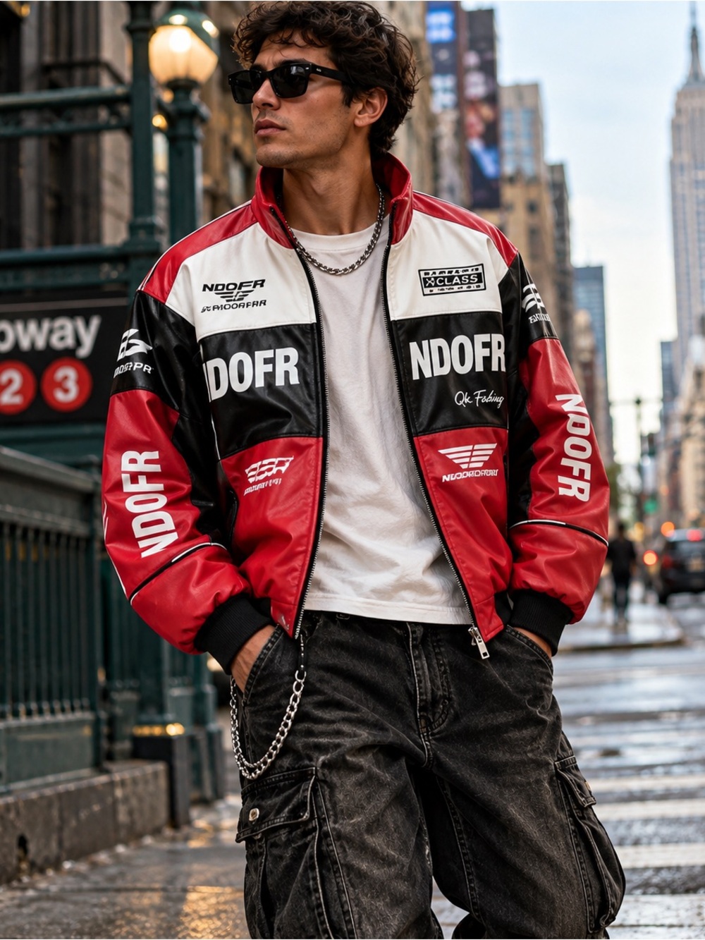 NDOFR Racing Faux Leather Moto Jacket Red Black White Size Small Y2K Streetwear